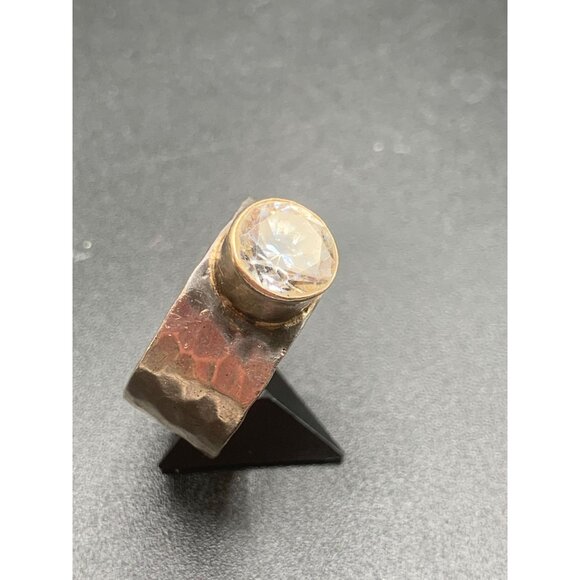 Sterling Silver Hammered Band Ring Large Quartz Stone Mexico Handmade Size 11 - Picture 2 of 9